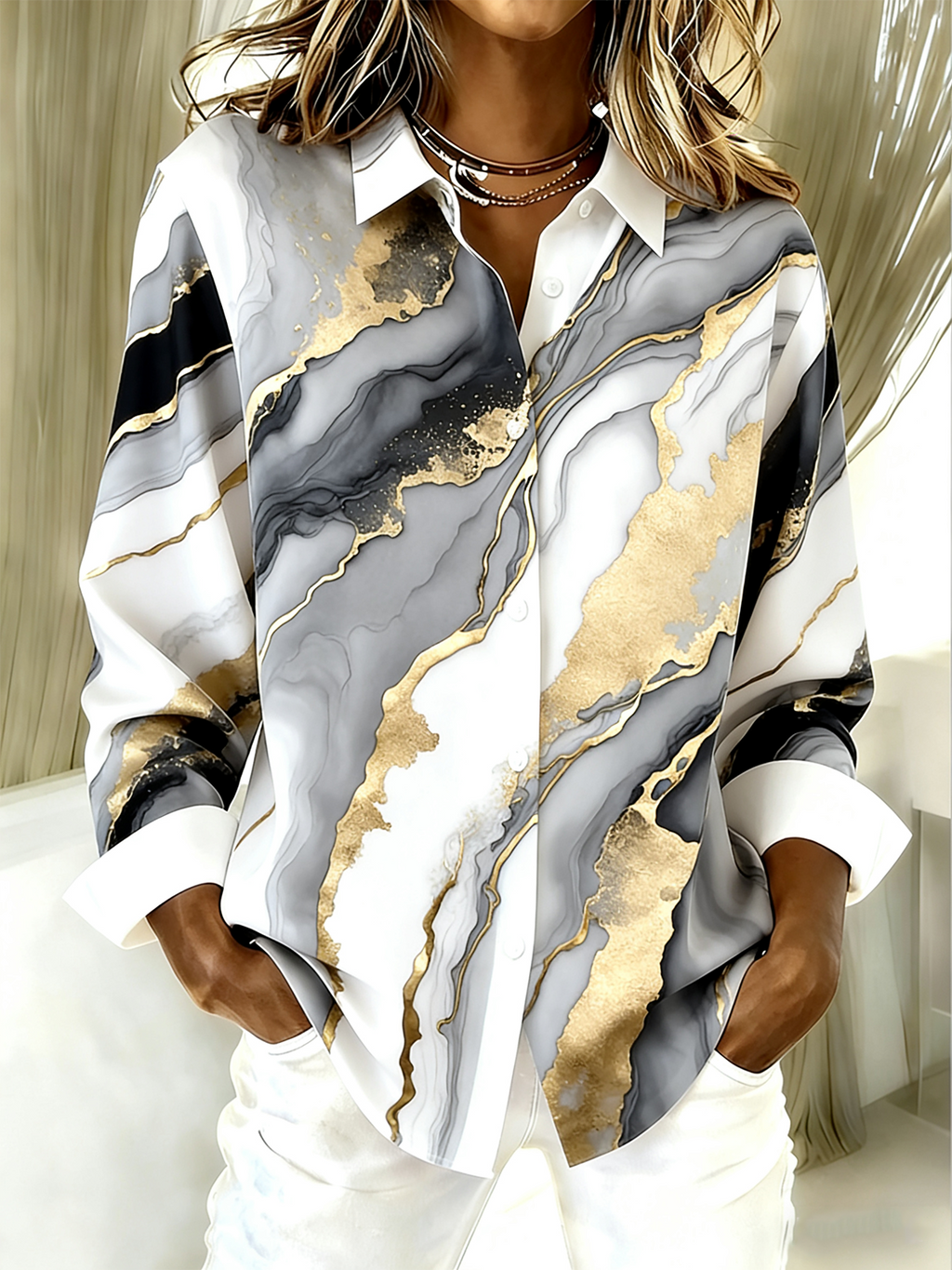 Loose Chevron Shirt Collar Simple Shirt
