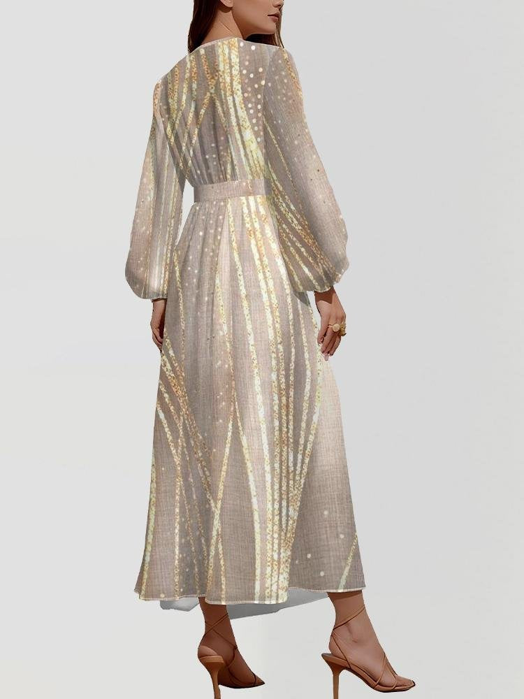 Women's Gold Glitter Print Maxi Dress V-Neck Long Sleeve Wrap A-Line Cocktail Party Dress