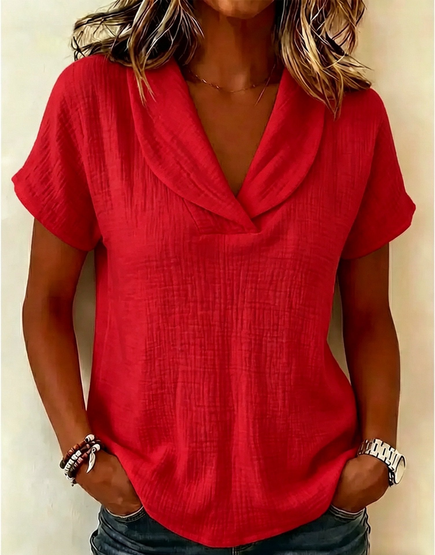 Women's Solid Color V-Neck Short Sleeve Blouse Casual Crinkle Texture Top with Shawl Collar