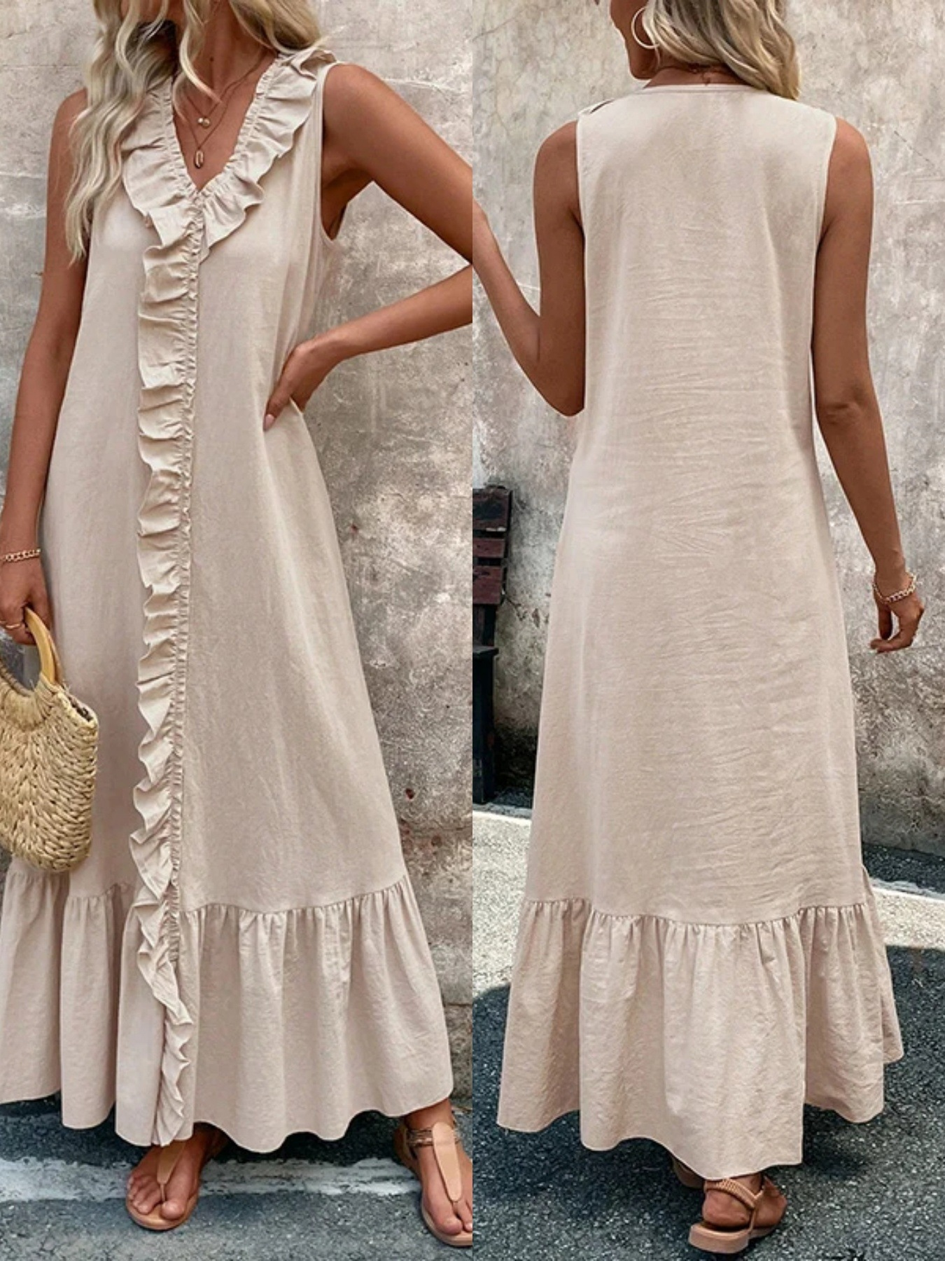 Plain Sleeveless V Neck Ruffle A-Line Summer Going Out Casual Dress