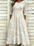 Branch Floral Print Round Neck 3/4 Sleeve A-Line Midi Dress