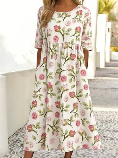 Floral Loose Casual Crew Neck Dress With No