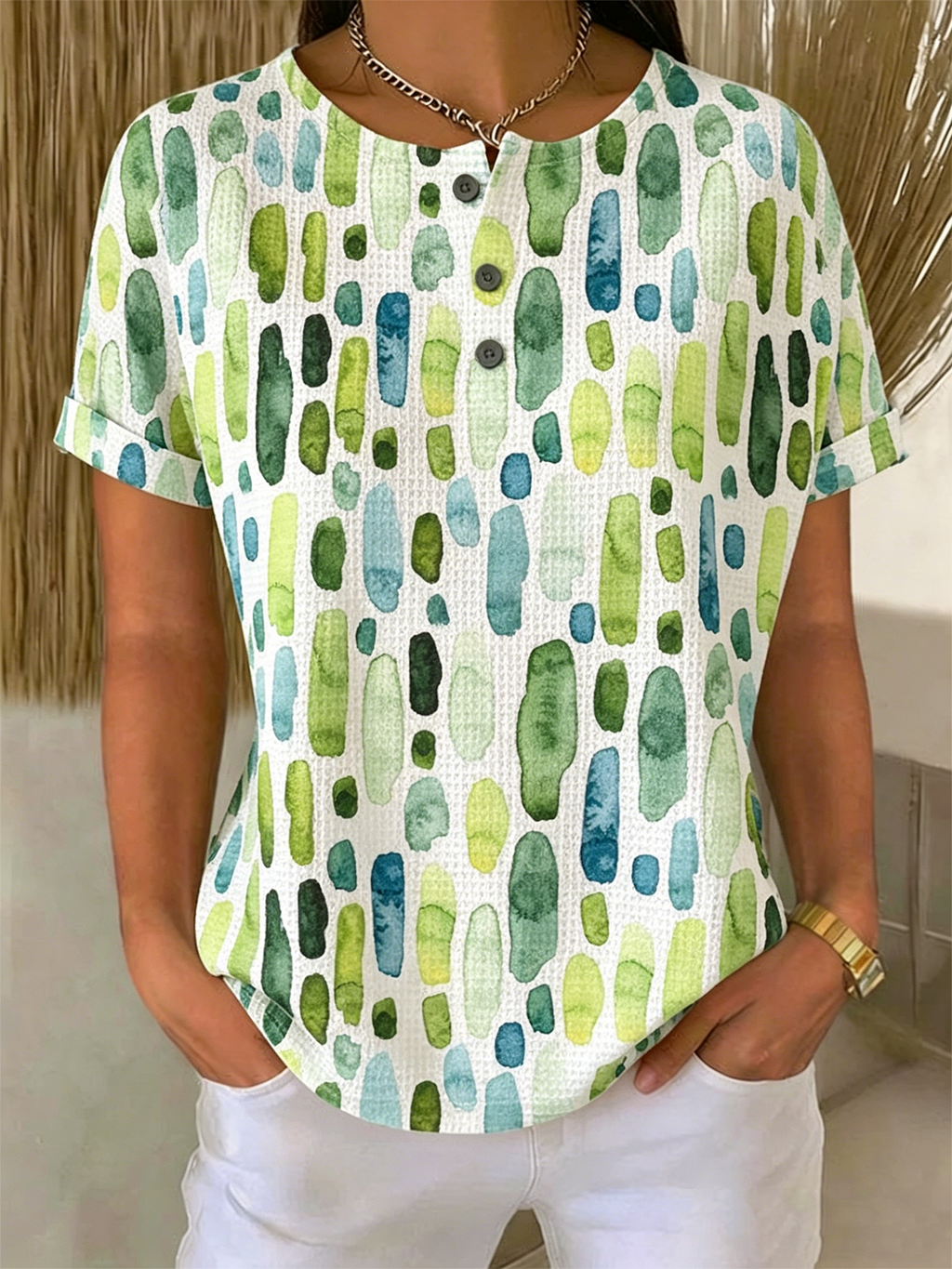 Green Blue Watercolor Henley Neck Summer Relaxed Fit T-Shirt