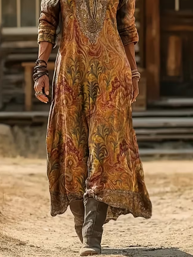 Women's Long Sleeve Spring/Fall Yellow Brown Abstract Printing V Neck Daily Going Out Vintage Maxi H-Line Dress