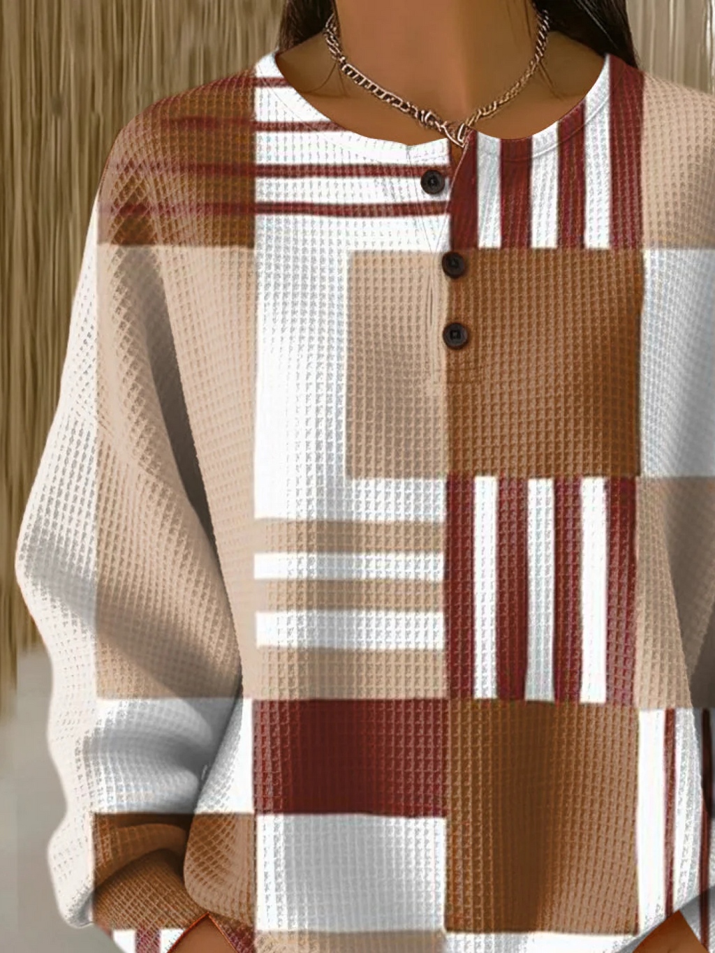 Women's Abstract Print Button-Up Casual Waffle Knit Sweatshirt