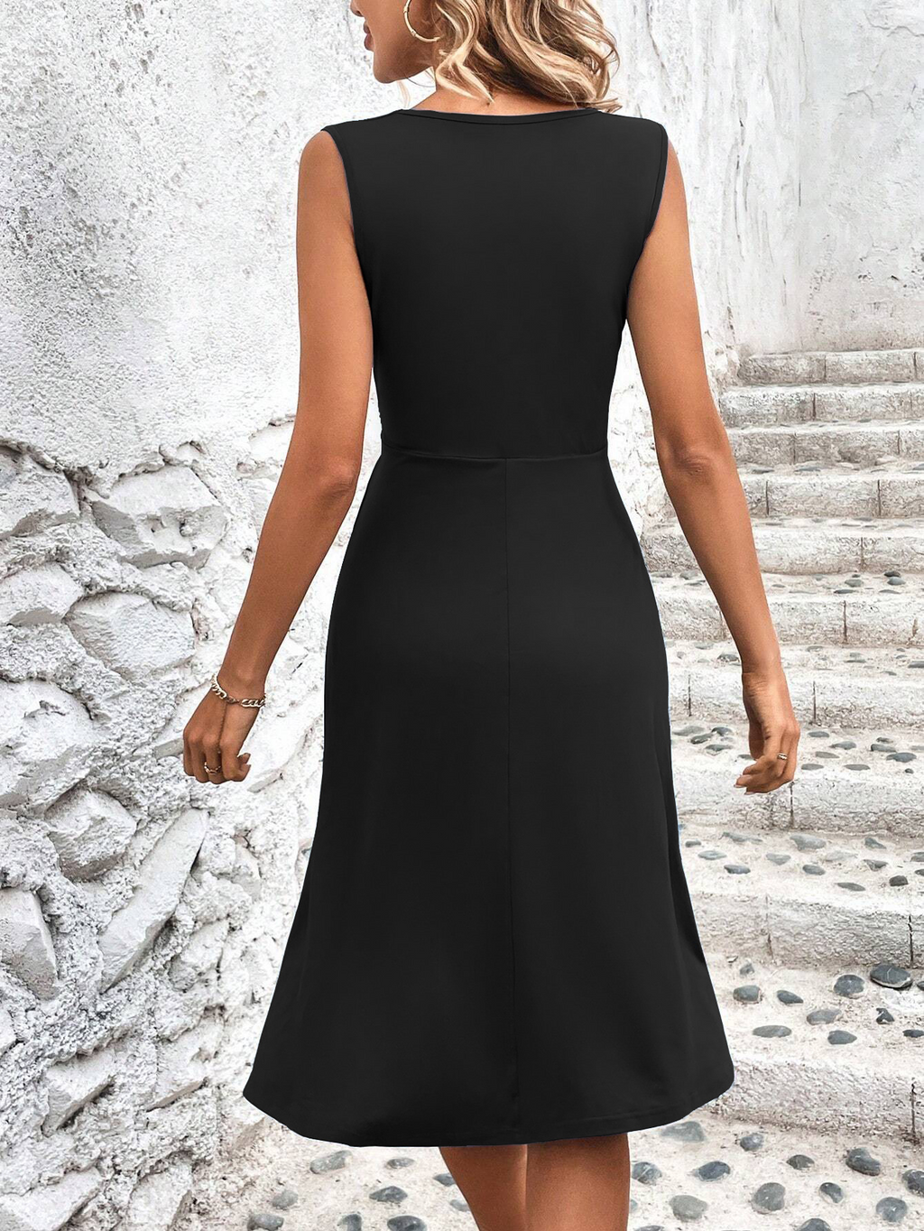 Plain V Neck Dress Crossed Pleats Waist Sleeveless Midi Dress