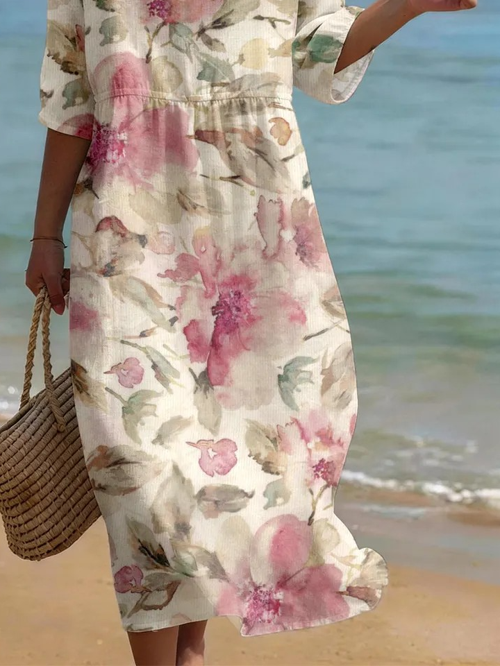 Floral Vintage Others Linen Blend Dress With No