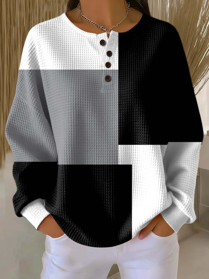 Women's Color Blocking Print Button-Up Casual Waffle Knit Sweatshirt