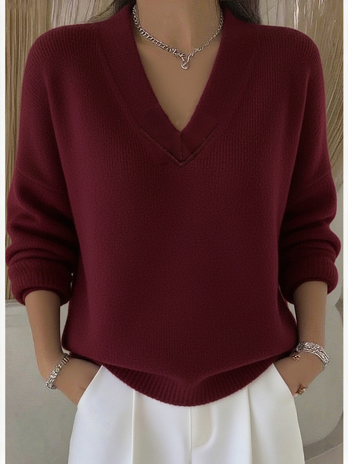 Plain Casual V Neck Loose Sweater