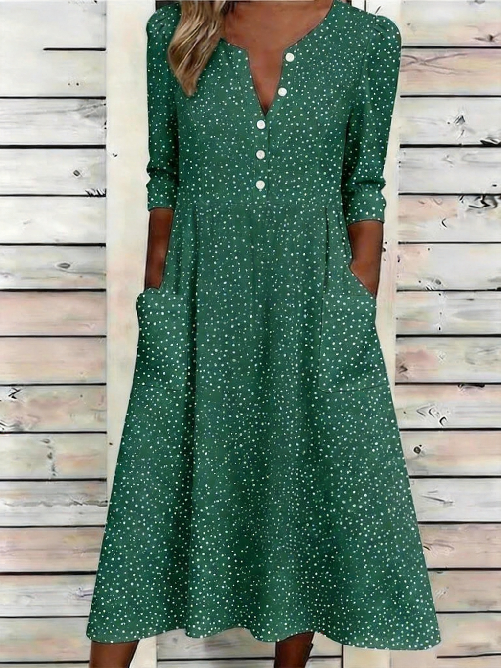 Half Open Collar Vintage Abstract Polka Dots Dress With No