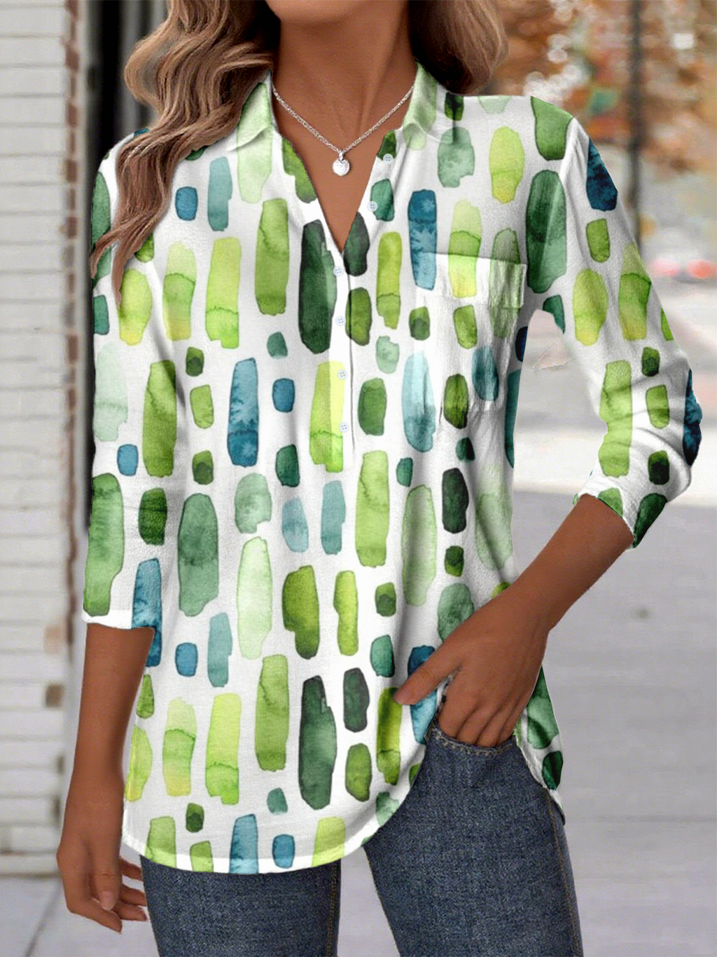 Women's Simple Geometric Pattern Patch Pocket Long Sleeve Shirt Regular Top