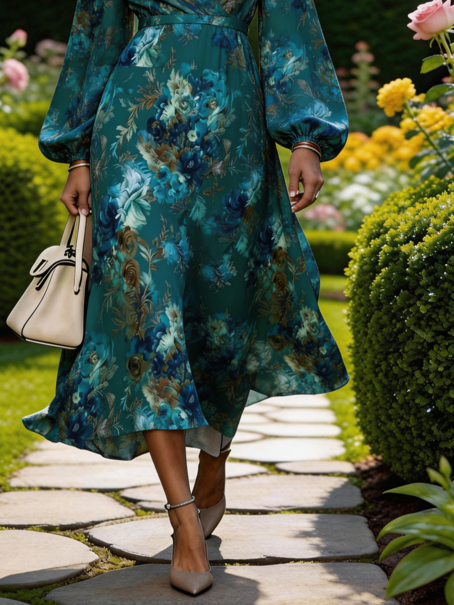 Floral V Neck Regular Fit Elegant Dress With No