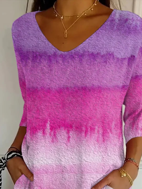 Women's Three Quarter Sleeve T-shirt Spring/Fall Purple Abstract Printing V Neck Daily Going Out Casual Top