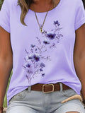 Women's Short Sleeve T-shirt Summer Purple Floral Printing Jersey Crew Neck Daily Going Out Casual Top