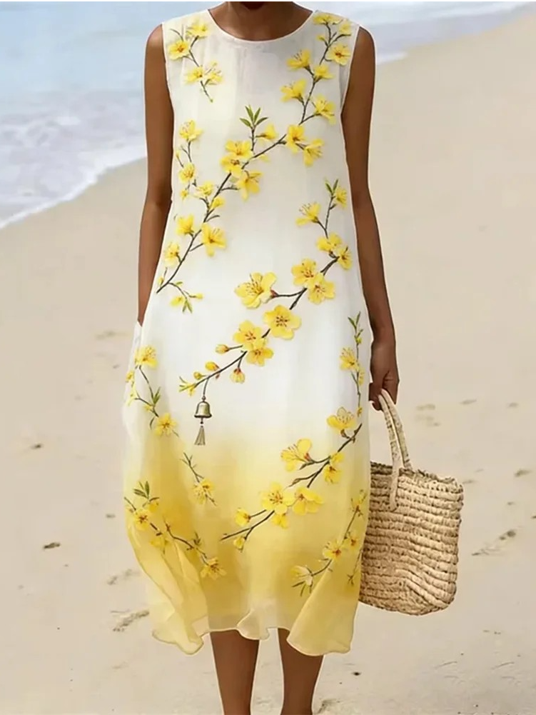 Japanese-style Forsythia And Wind Chime Art Gradient Cotton Linen Dress