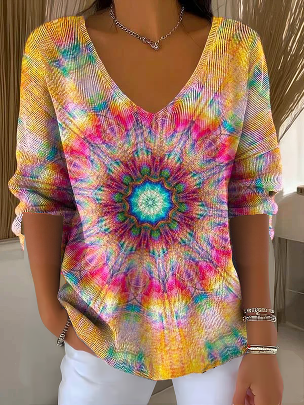 Women's Kaleidoscope Art Pattern T-shirt Casual Comfort Regular Striped Top