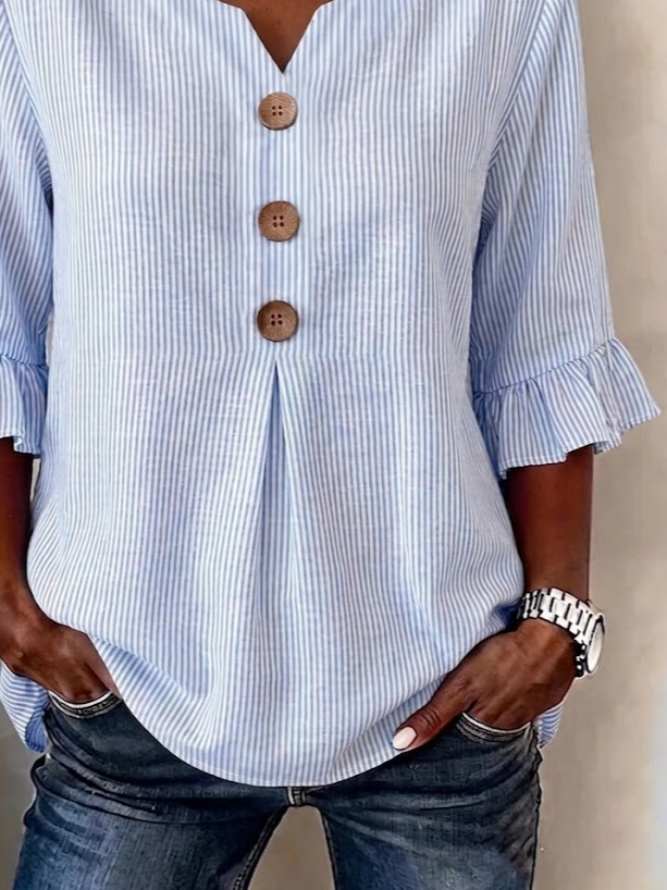 Women's Half Sleeve Blouse Summer Blue Striped Printing V Neck Daily Going Out Vintage Top