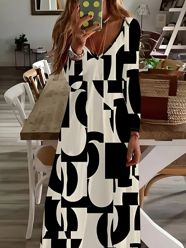 Women's Long Sleeve Spring/Fall Black Abstract Printing V Neck Daily Going Out Casual Maxi H-Line Dress