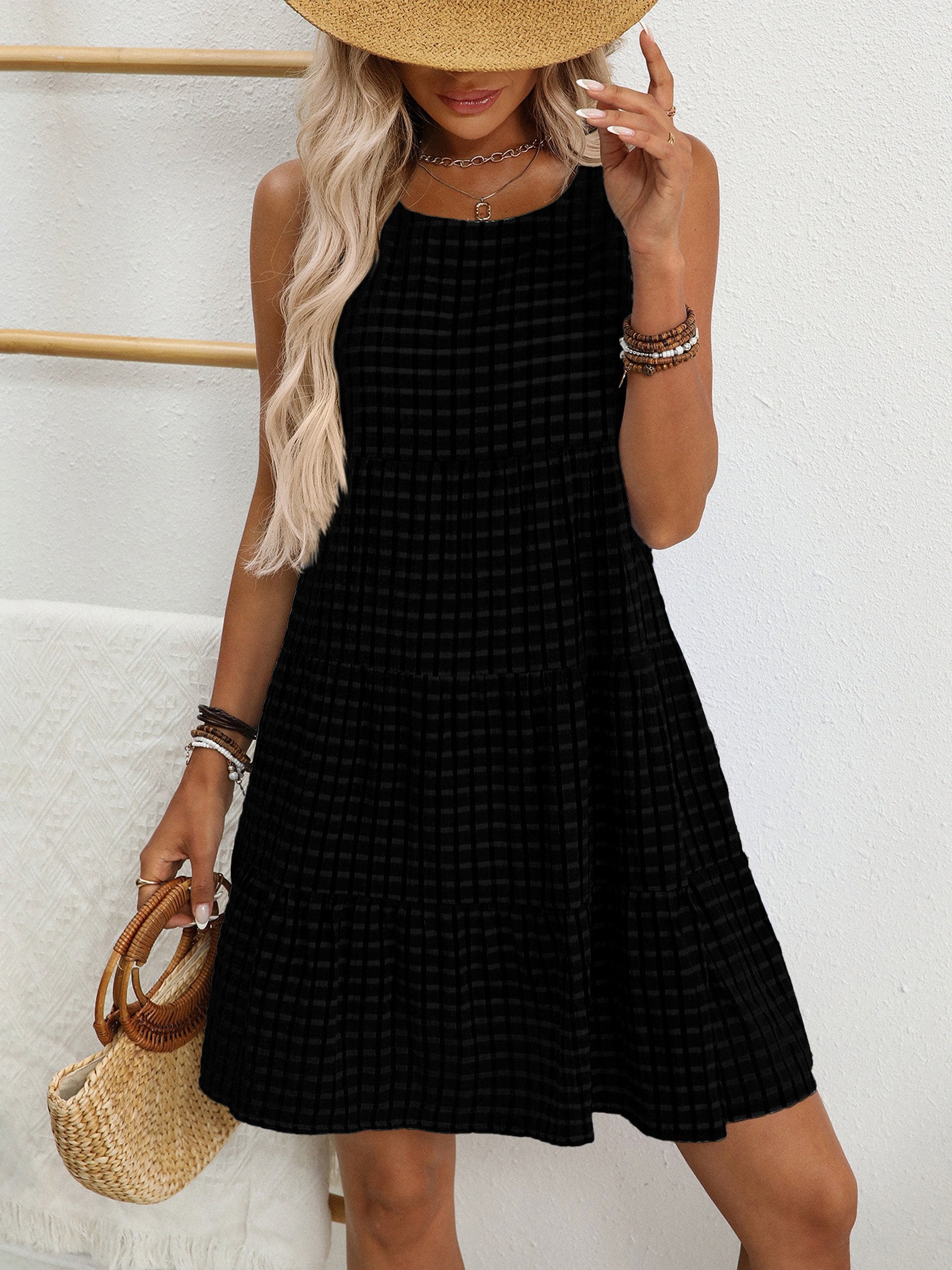Plaid Crew Neck Sleeveless Going Out Casual Dress