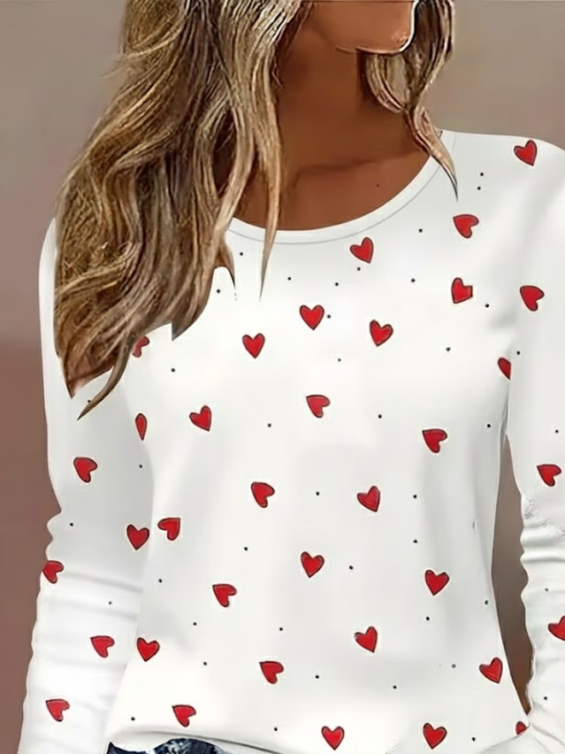 Women's Long Sleeve T-shirt Spring/Fall White Heart/Cordate Printing Jersey Crew Neck Daily Going Out Casual Top