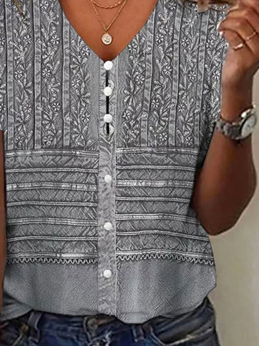 Floral Buttoned V Neck Casual Shirt