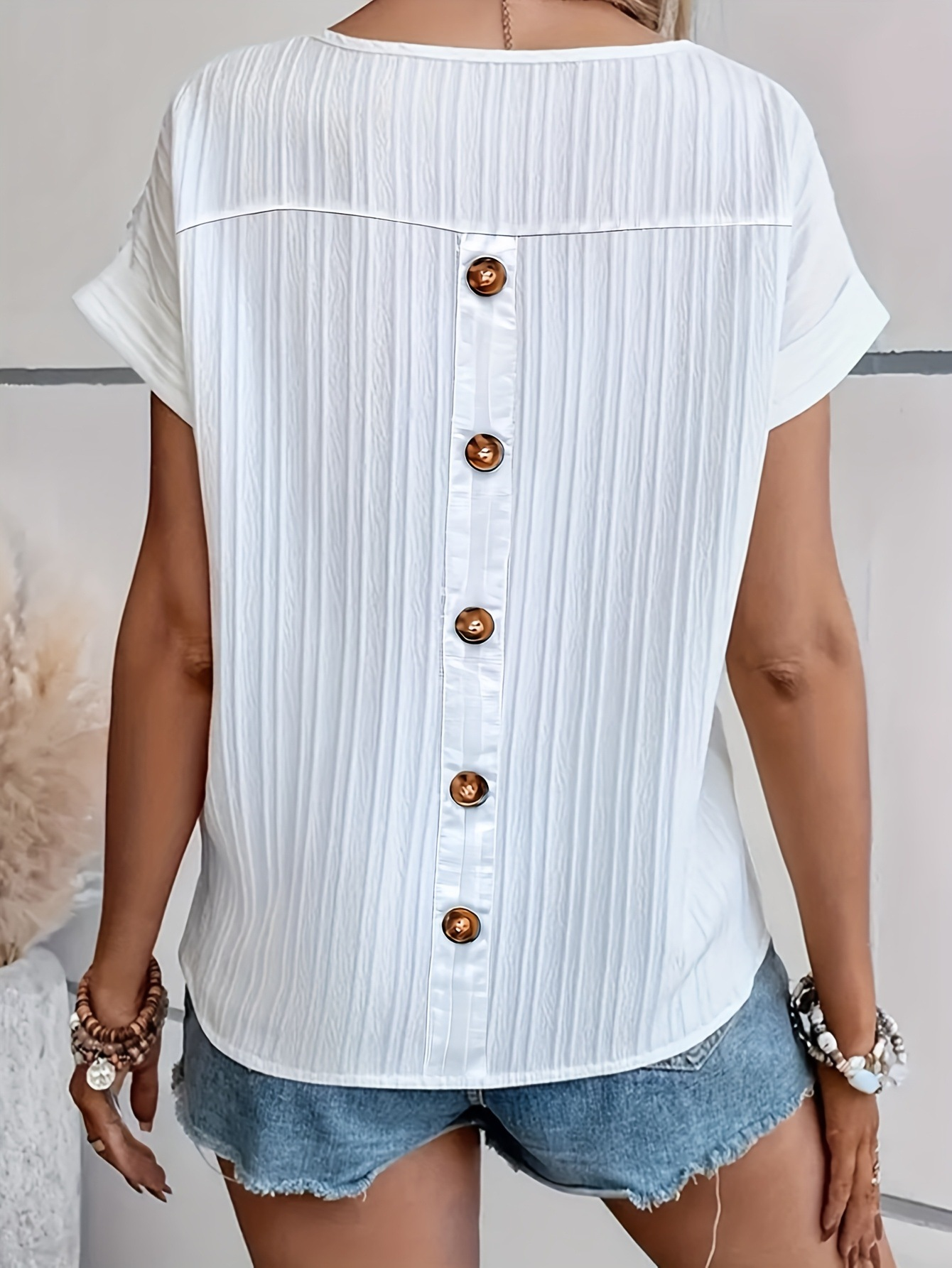 Women Crew Neck Short Sleeve Button Design Summer Casual T-Shirt