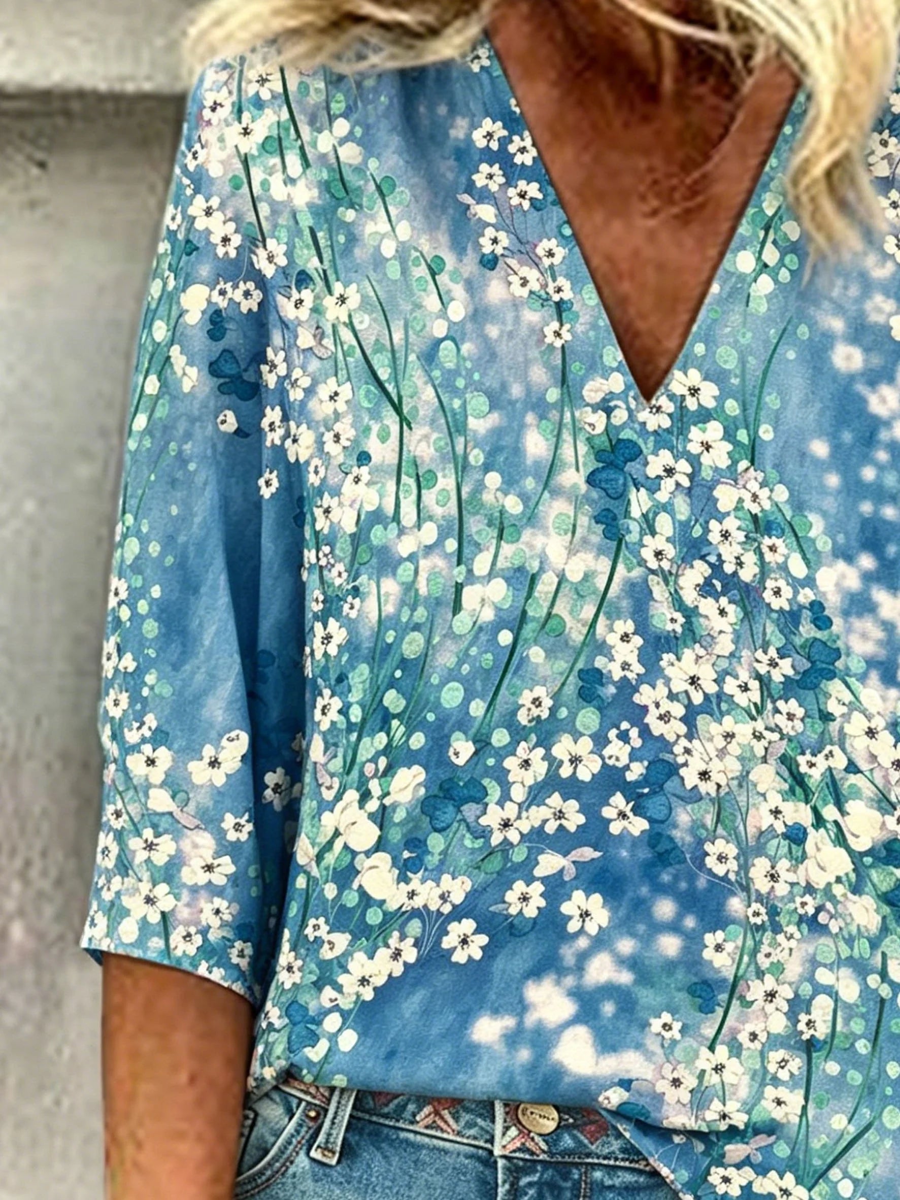 Abstract Floral Print V Neck Short Sleeve Casual Top