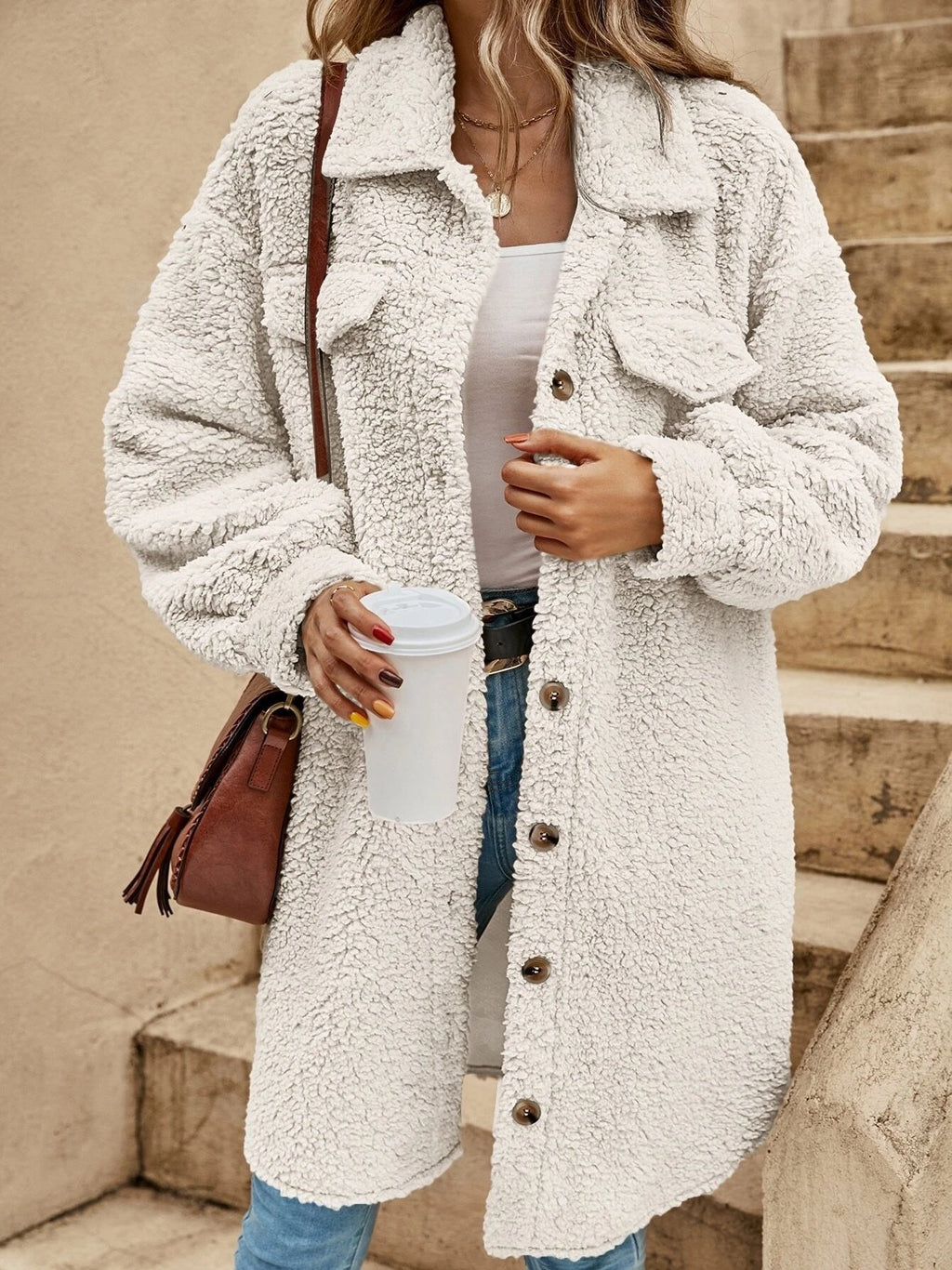 Fluff/Granular Fleece Fabric Plain Shawl Collar Elegant Coat