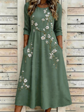 Green Floral Boho A-Line Midi Dress with Flattering Short Sleeves