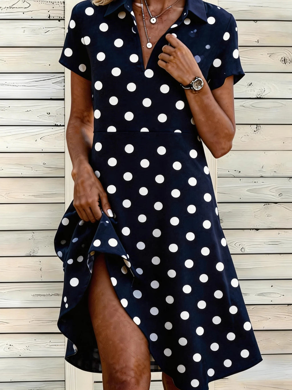 Polka Dots Loose Casual Shirt Collar Dress With No