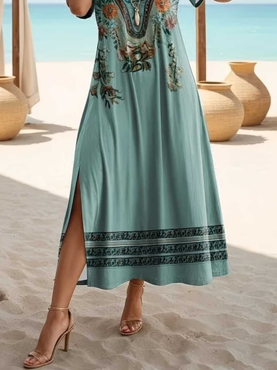 Women's Short Sleeve Summer Green Floral Printing Crew Neck Daily Going Out Casual Maxi H-Line T-Shirt Dress Dress