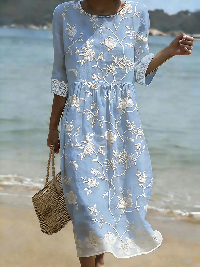 Women's Half Sleeve Summer Blue Floral Printing Crew Neck Daily Going Out Casual Maxi H-Line Dress
