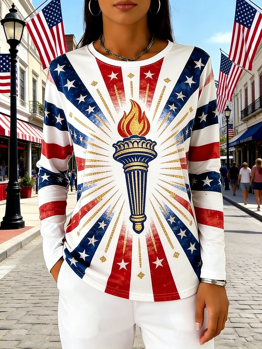 Loose America Flag Casual Crew Neck T-Shirt
