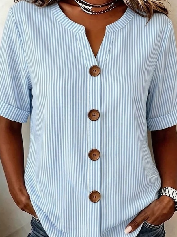 Striped Linen Blend Stand Collar Simple Loose Shirt