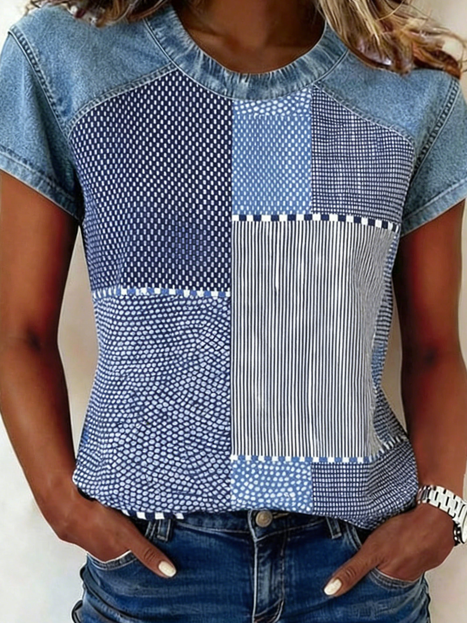 Casual Denim Geometric Crew Neck T-Shirt
