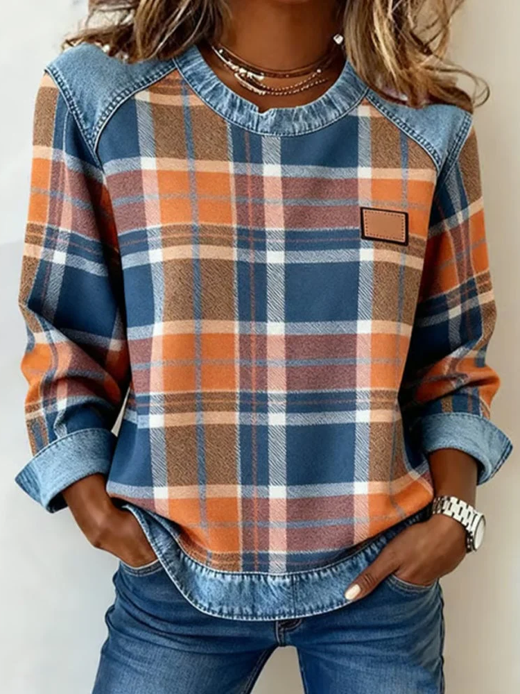 Women's Plaid Print Patchwork Denim Crewneck Long-Sleeved Sweatshirt