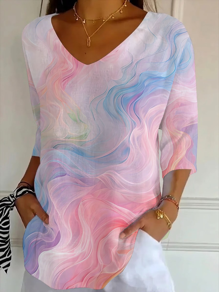 Women's Three Quarter Sleeve T-shirt Spring/Fall As Picture Abstract Printing V Neck Daily Going Out Casual Top