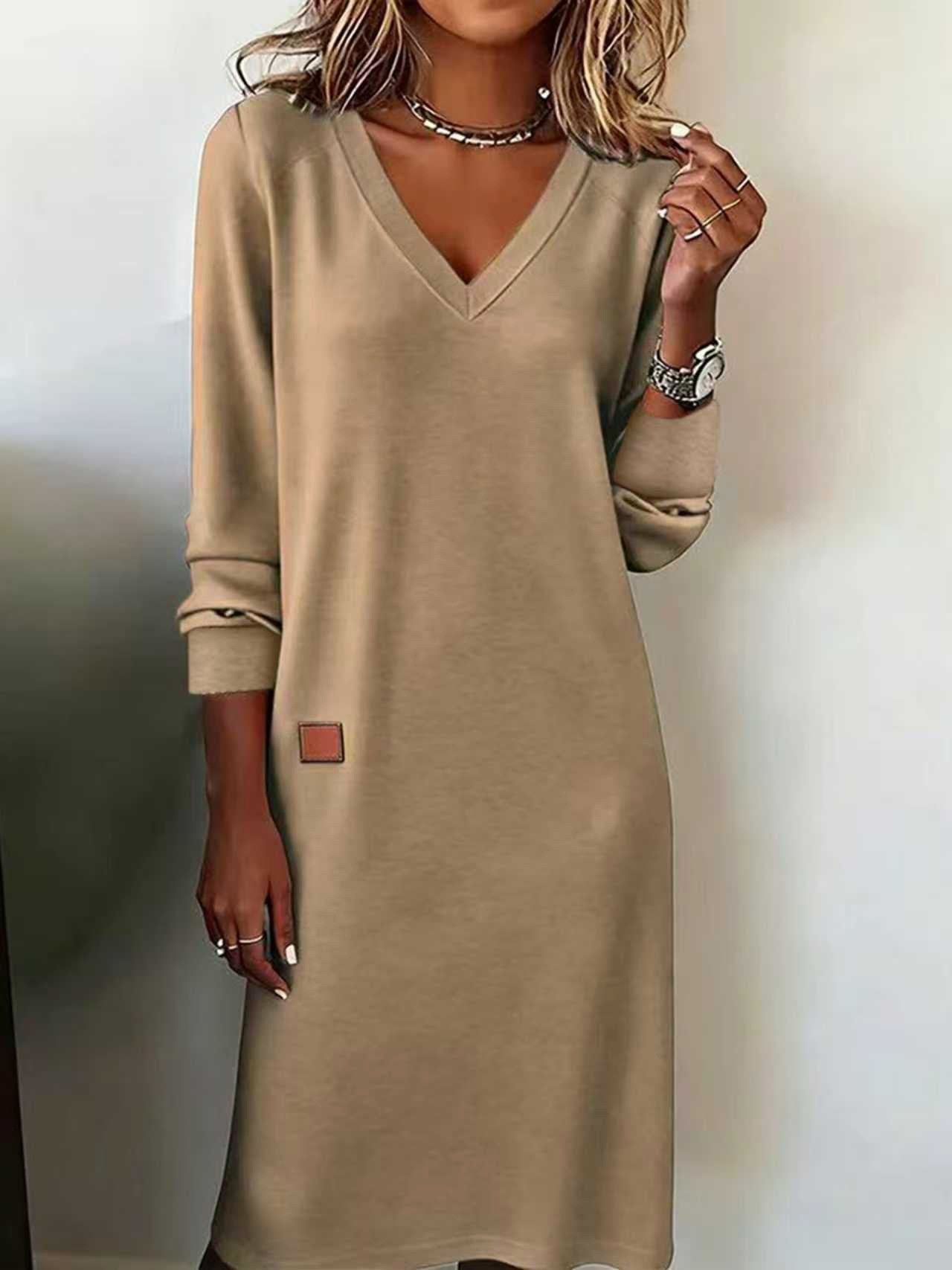 Women's Long Sleeve Spring/Fall Red Plain Split Joint V Neck Daily Going Out Casual Maxi A-Line T-Shirt Dress Dress