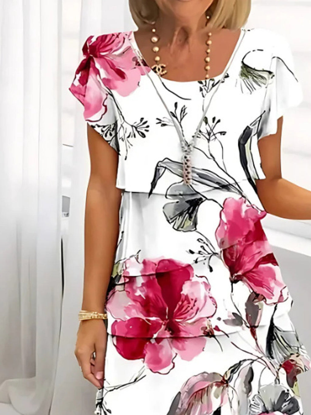 Floral Print Casual Crew Neck Short Sleeve Spring/Summer Chiffon Dress