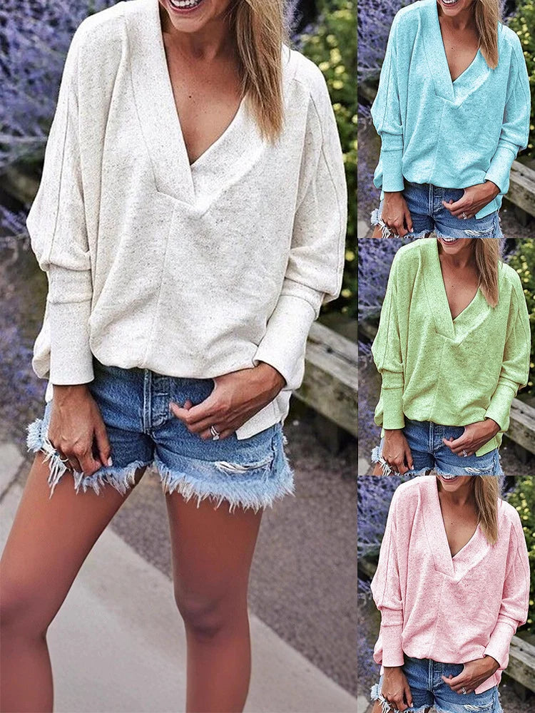 Loose Simple Plain V Neck Sweatshirt