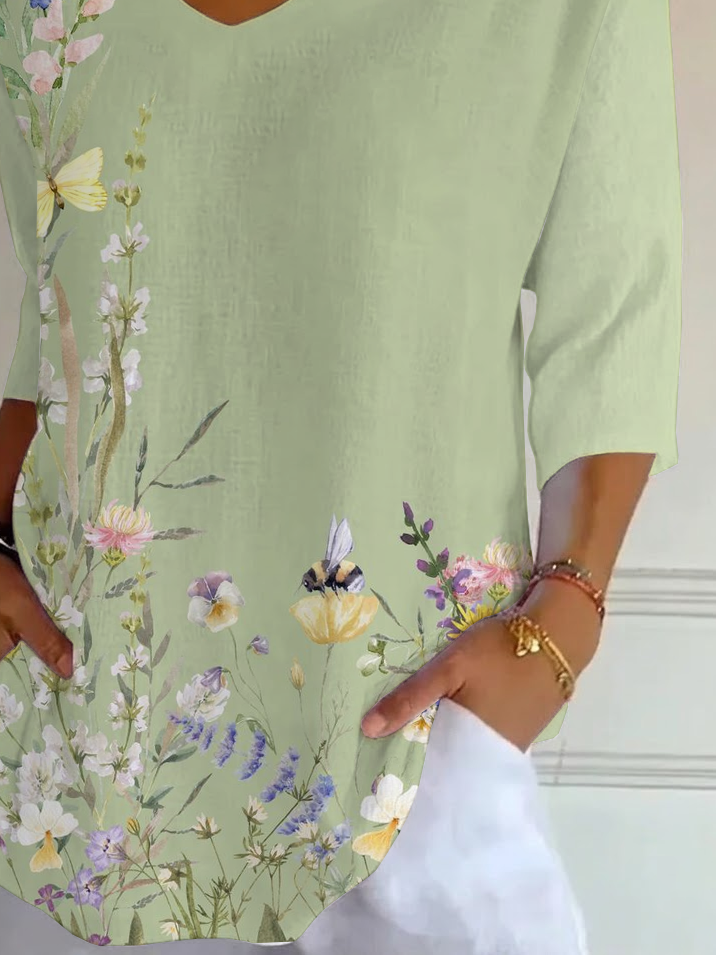 Women's Three Quarter Sleeve T-shirt Spring/Fall Green Floral Printing V Neck Daily Going Out Casual Top