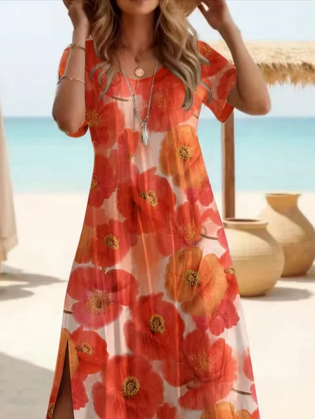 Women's Short Sleeve Summer Orange Red Floral Printing Crew Neck Daily Going Out Casual Maxi H-Line T-Shirt Dress Dress