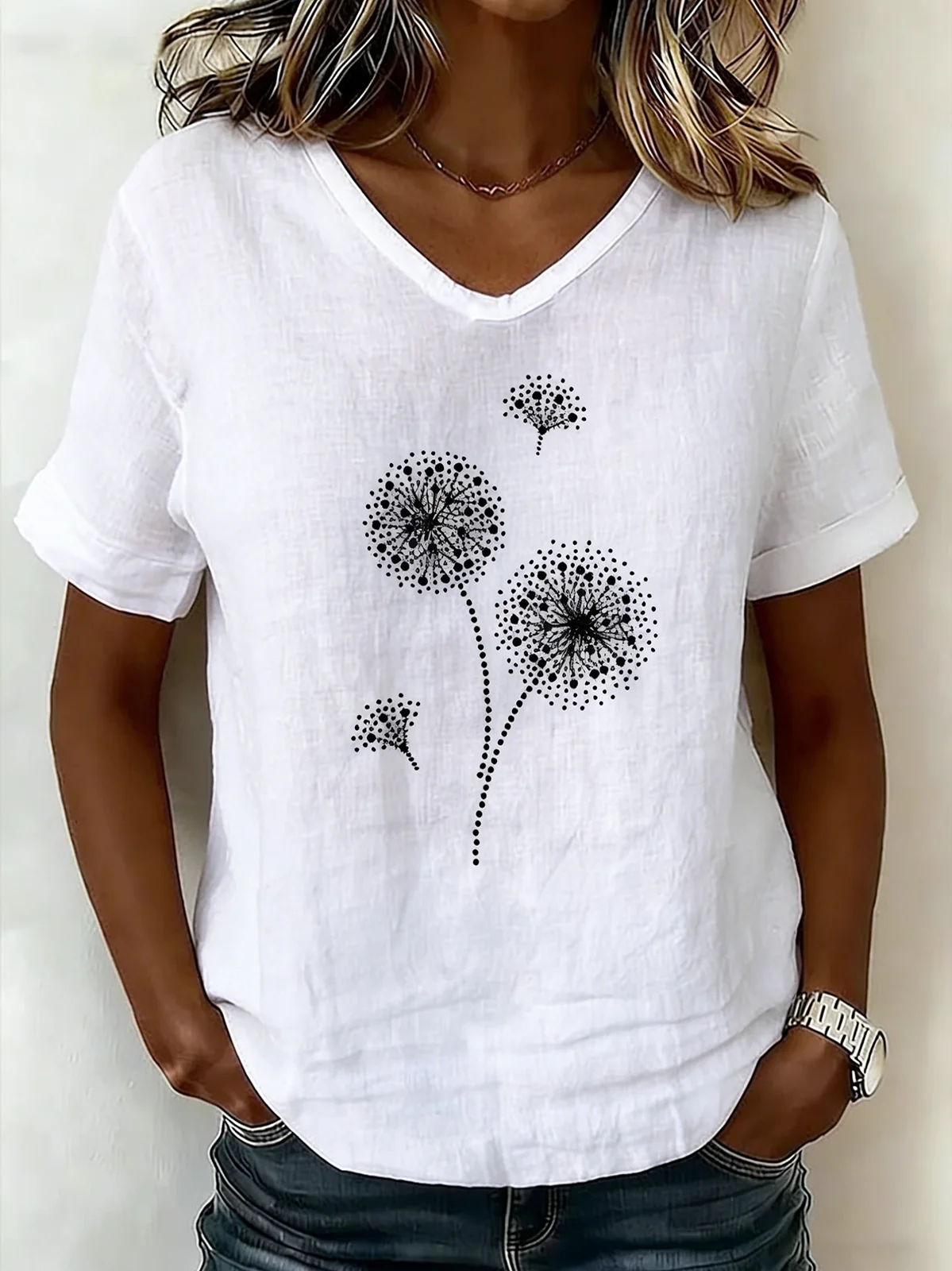 Women's V-Neck Short-Sleeve Blouse â€?Textured Linen