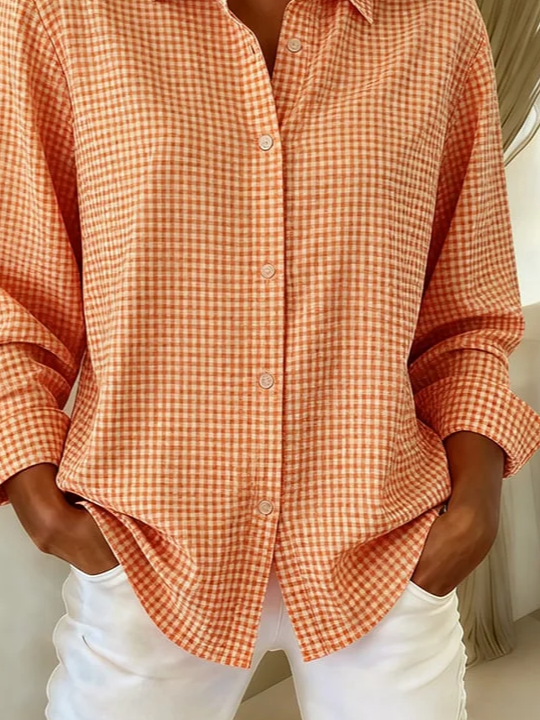 Women's Long Sleeve Shirt Spring/Fall Orange Plaid Buckle Shirt Collar Regular Sleeve Daily Going Out Casual Top