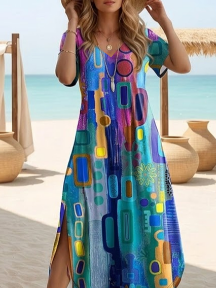 Women's Short Sleeve Summer Blue Abstract Printing Crew Neck Daily Going Out Casual Maxi H-Line T-Shirt Dress Dress