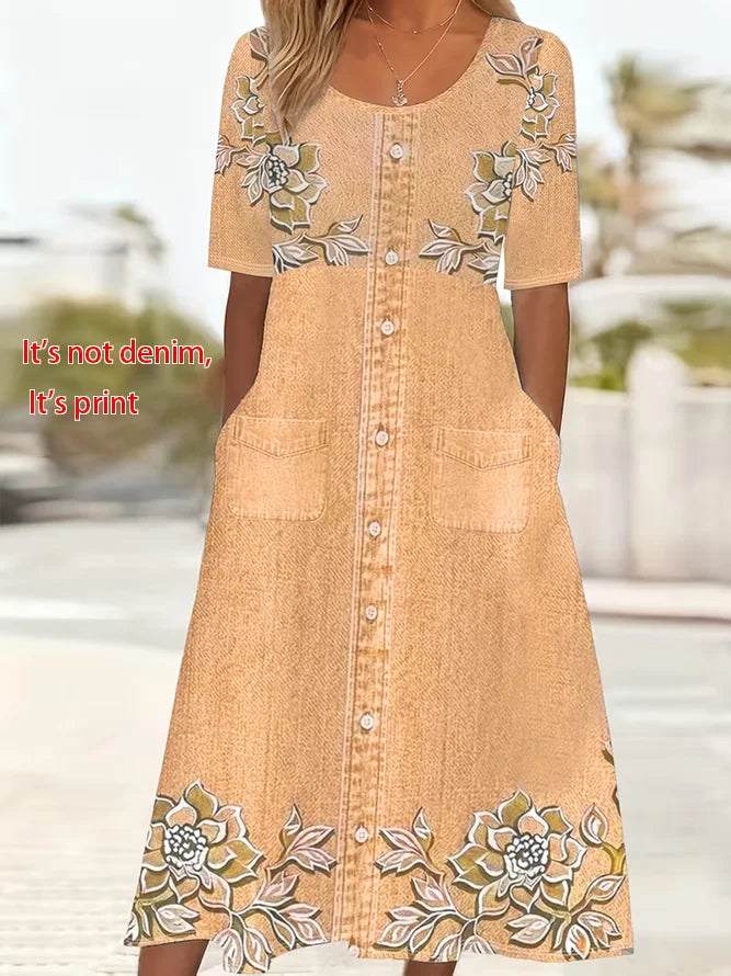 Women's Short Sleeve Summer Pink Floral Printing Crew Neck Daily Going Out Casual Maxi H-Line Shift Dress Dress