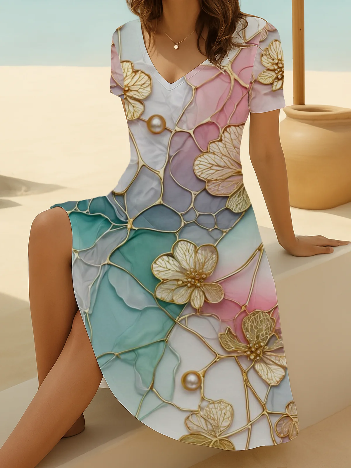 Women's Short Sleeve Summer As Picture Floral Printing V Neck Daily Going Out Casual Midi A-Line Fit & Flare Dress Dress