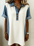 Denim Color Block Plain Jersey Casual Shawl Collar Short Sleeve Casual Dress