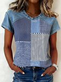 Casual Denim Geometric Crew Neck T-Shirt