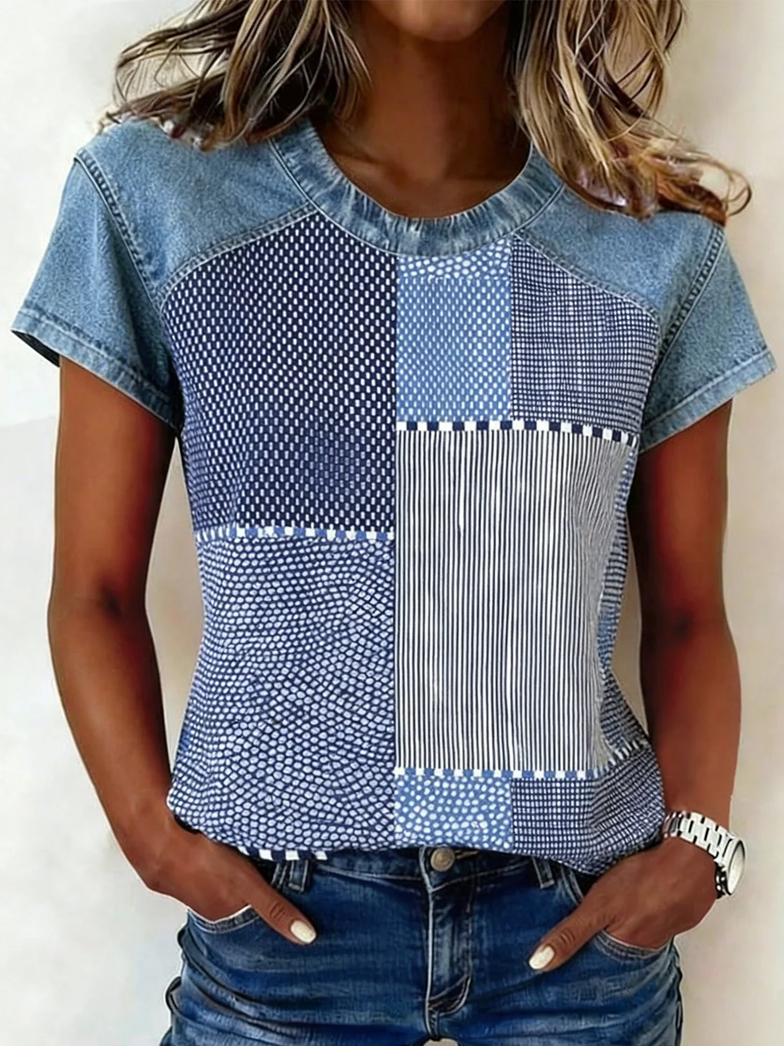 Casual Denim Geometric Crew Neck T-Shirt